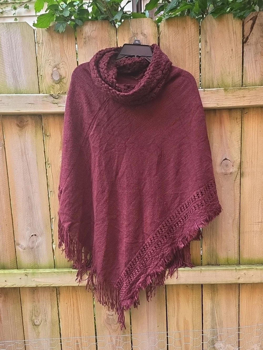 Cozy Burgundy Fringe Knit Poncho